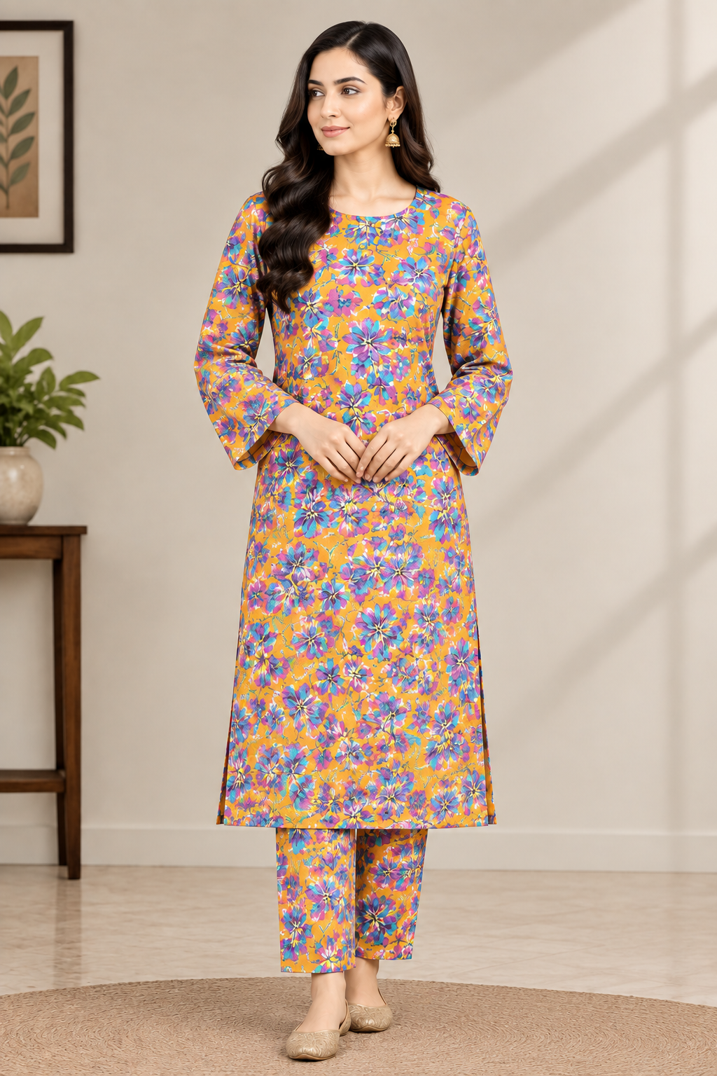 Orange and purple floral printed Khaddar 2 piece suit with all-over print