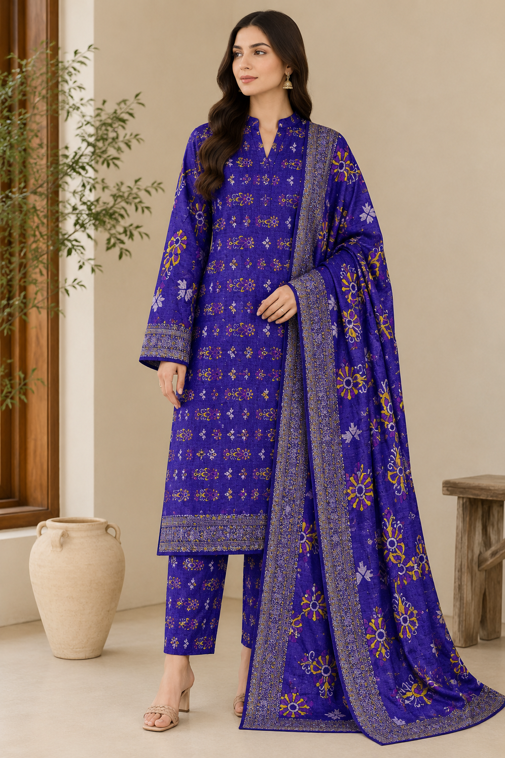 Model wearing a purple Dhanak printed allover 3-piece suit