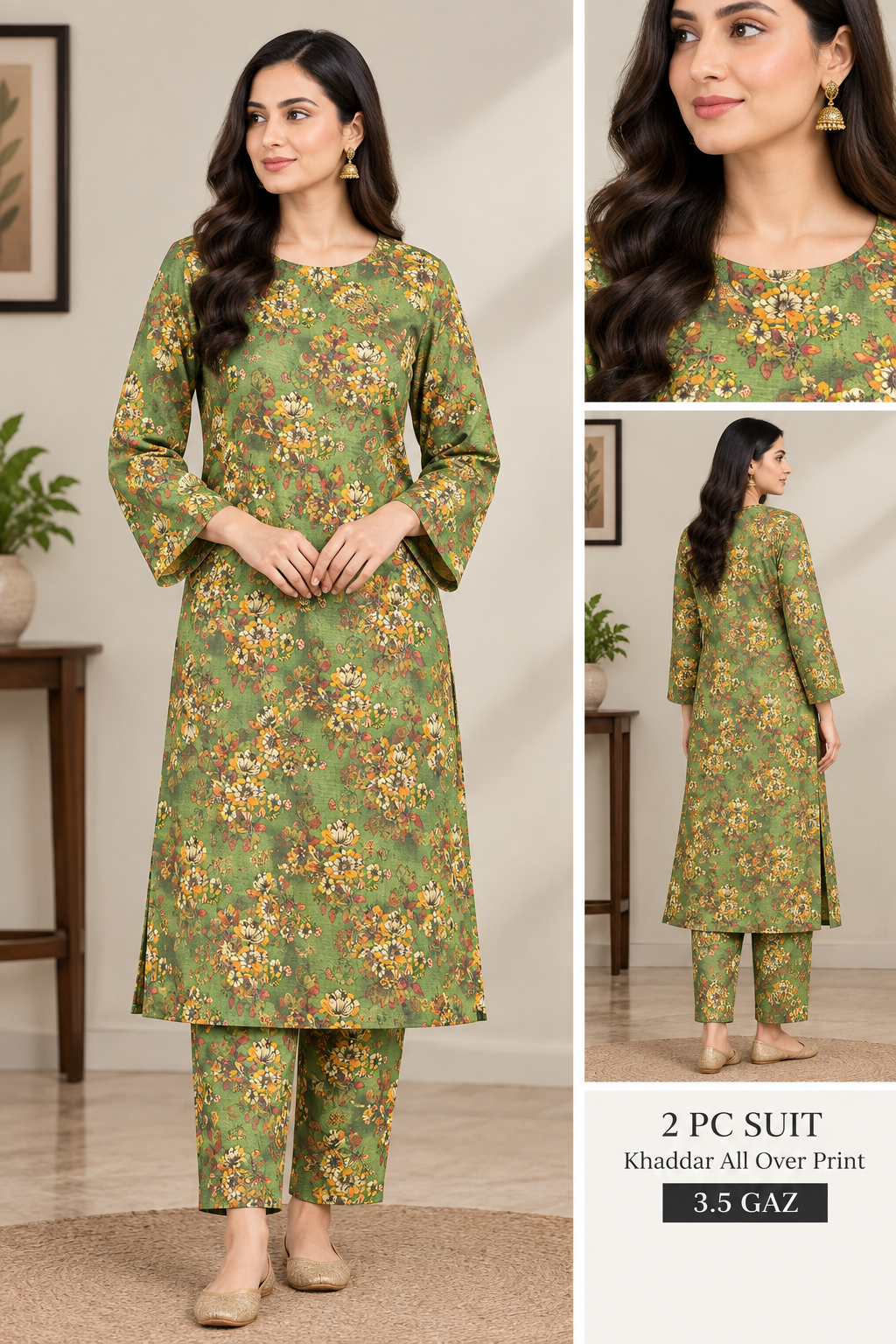 Sage floral printed Khaddar 2 piece all-over suit, 3.5 gaz cutting