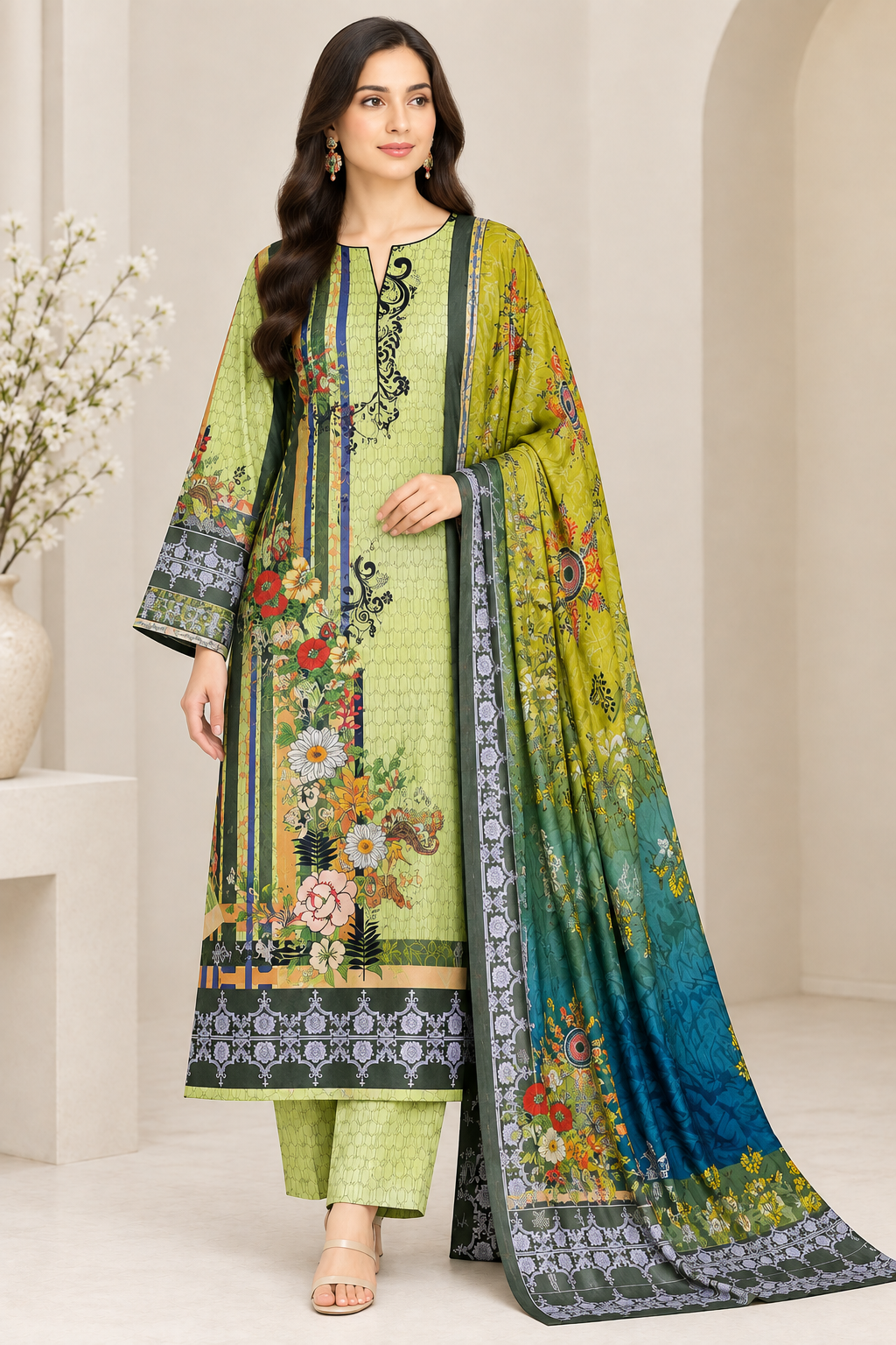 Model wearing light green floral printed 3-piece suit with green blue dupatta
