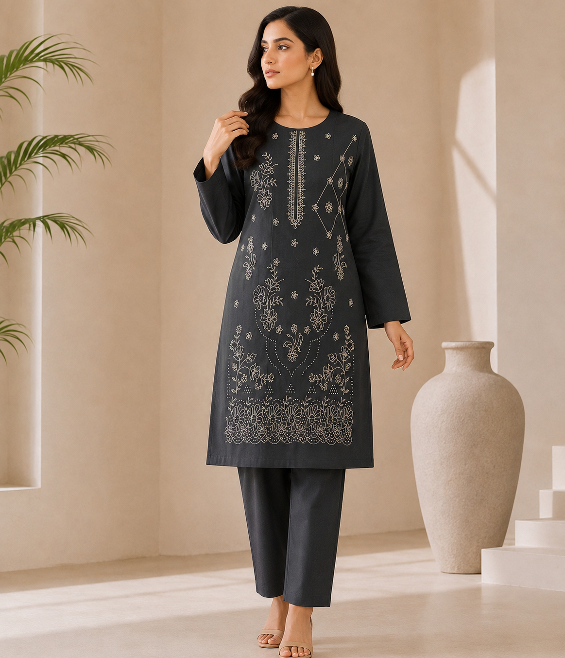 Bin Farhan Fabrics premium embroidered lawn 2 piece unstitched suit red - floral embroidery Pakistan