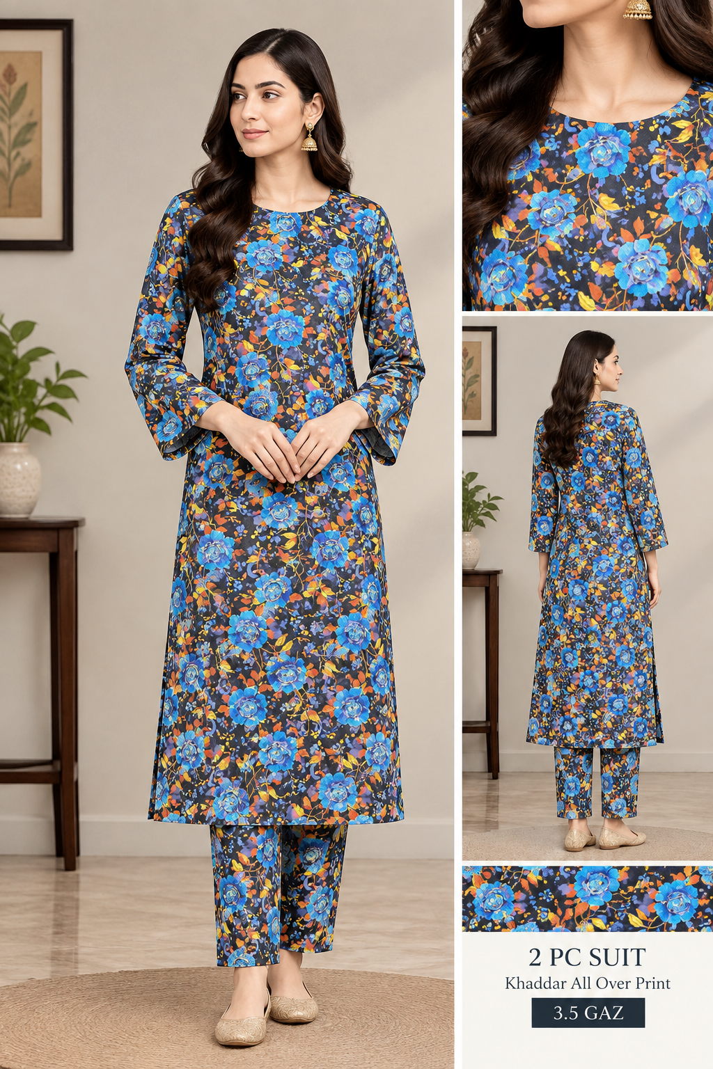 Blue floral printed Khaddar 2 piece all-over suit, 3.5 gaz cutting