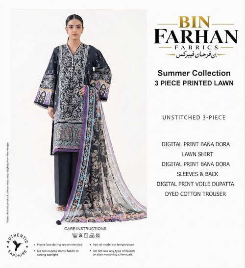 Bin Farhan Fabrics Summer Collection - Black Floral 3 Piece Printed Lawn model view