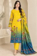 Model wearing a yellow-to-blue ombre floral printed linen 3-piece unstitched suit with shirt, trouser and dupatta