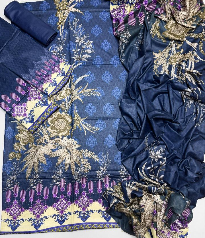 Unstitched navy blue floral linen 3 piece suit fabric and dupatta