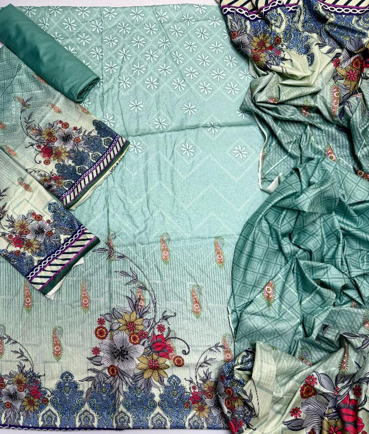 Sea green floral printed unstitched 3-piece linen suit fabric laid flat