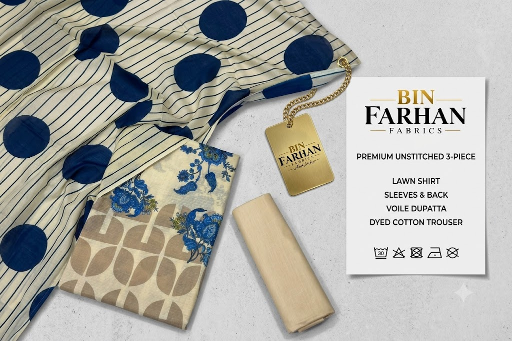 Bin Farhan Fabrics Summer Collection - Cream Blue 3 Piece Printed Lawn fabric detail