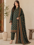 Model wearing teal Dhanak printed allover 3 piece suit with multicolour dupatta
