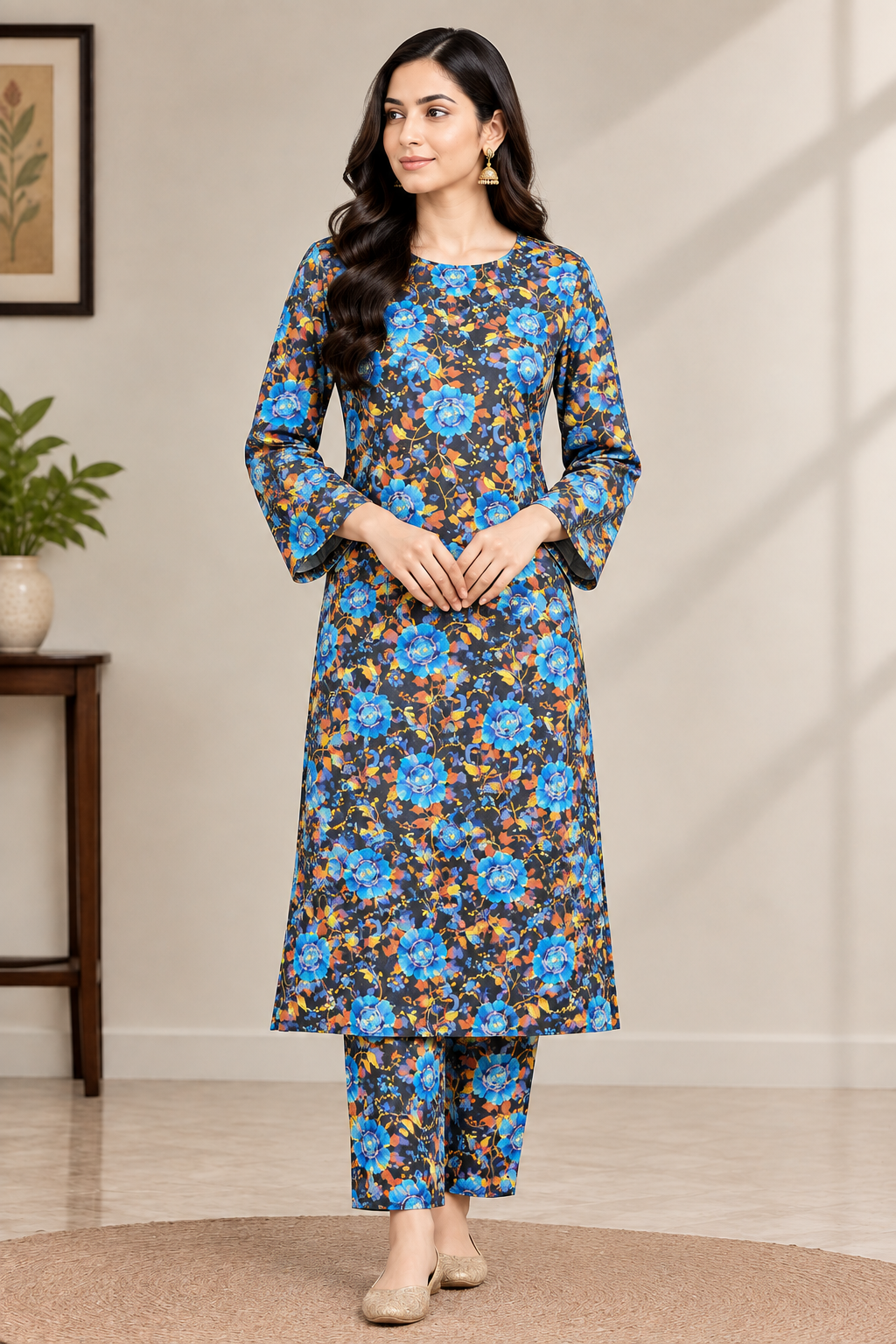 Blue floral printed Khaddar 2 piece suit with all-over print