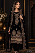 Black velvet suit with gold-toned embroidery shown as a stitched styling example