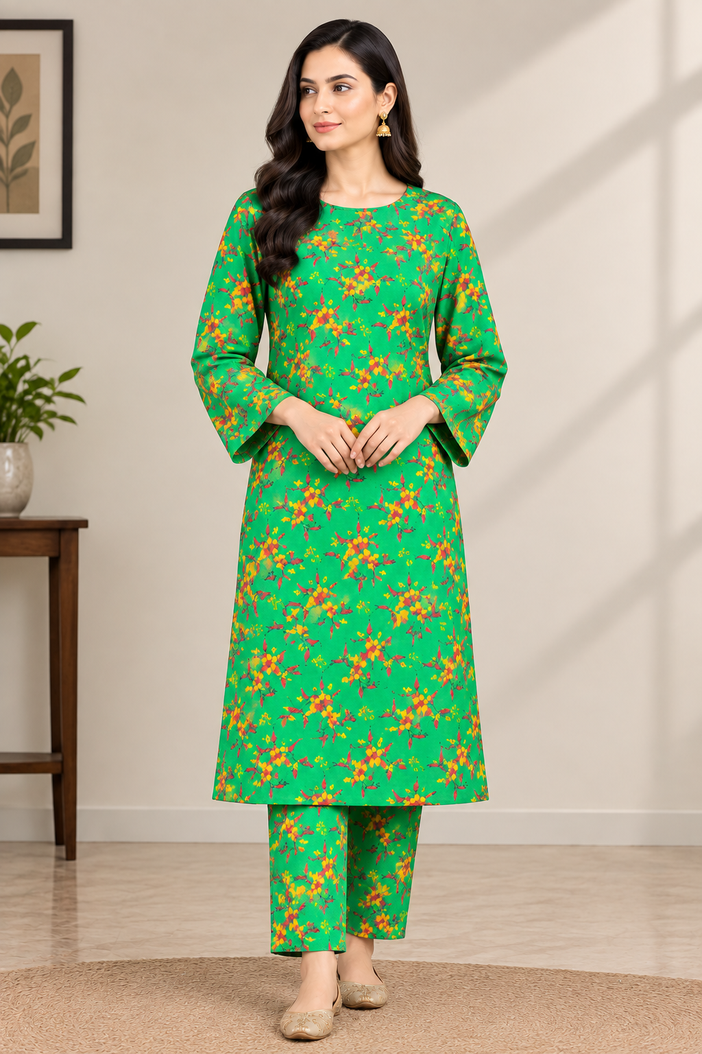 Green floral printed Khaddar 2 piece suit with all-over print