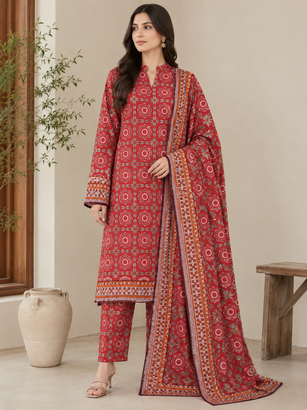 Model wearing a red Dhanak printed allover 3-piece suit