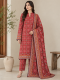Model wearing a red Dhanak printed allover 3-piece suit
