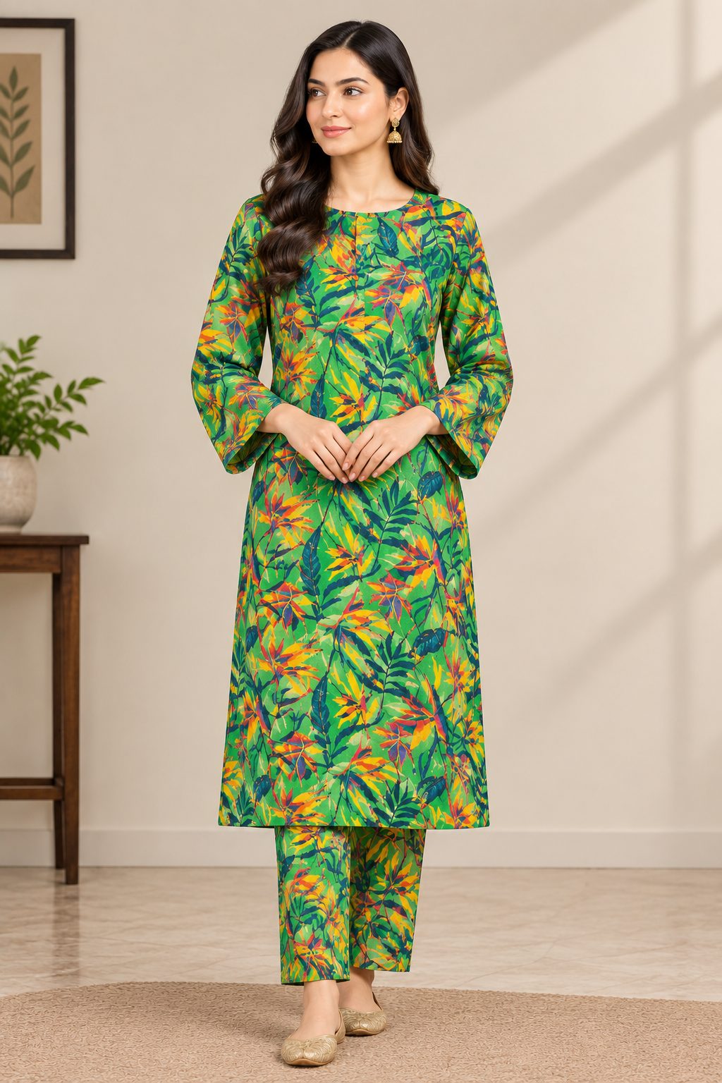 Green printed Khaddar 2 piece suit with all-over print