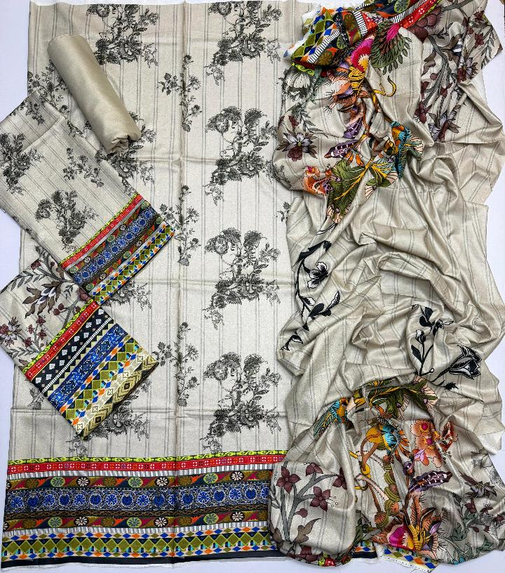Cream black floral printed suit and matching dupatta laid flat
