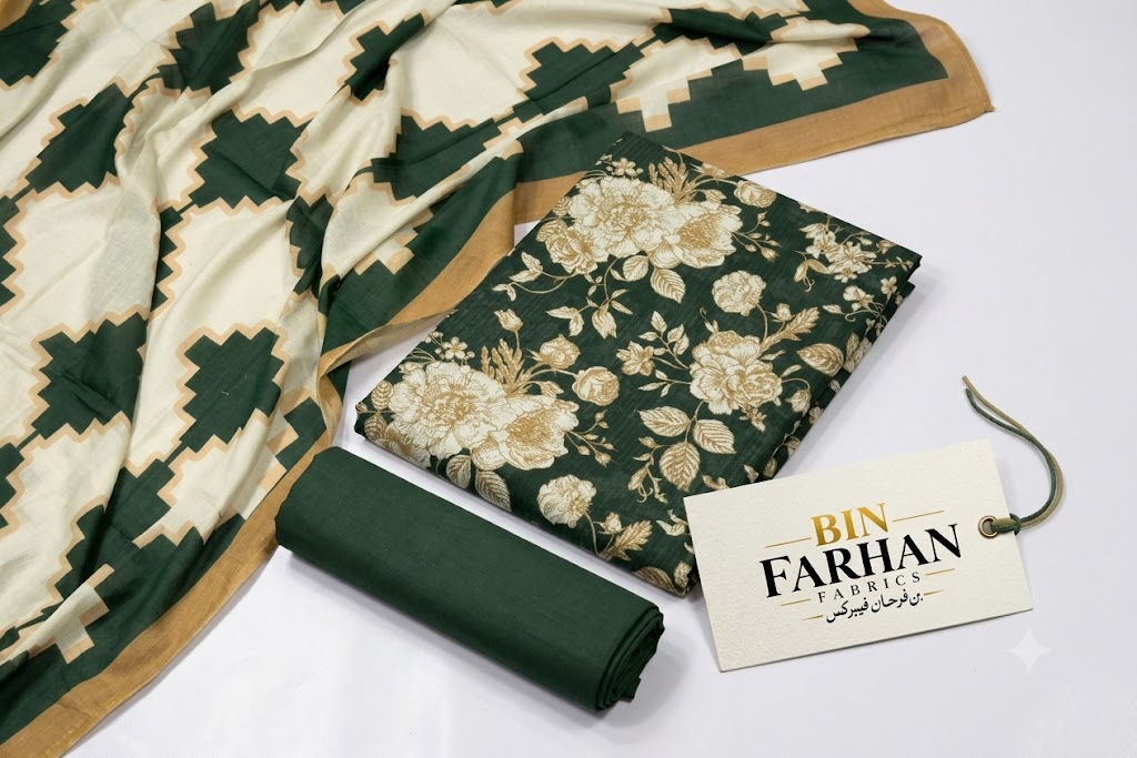 Bin Farhan Fabrics Summer Collection - Dark Green Floral 3 Piece Printed Lawn fabric detail
