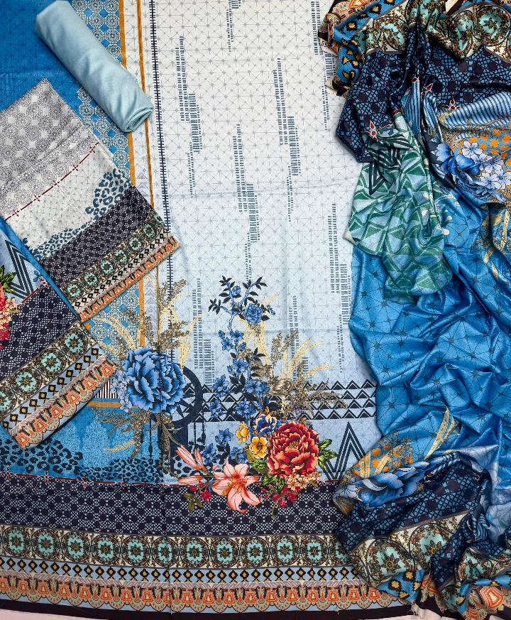 Sky blue floral printed linen unstitched 3 piece suit fabric flatlay