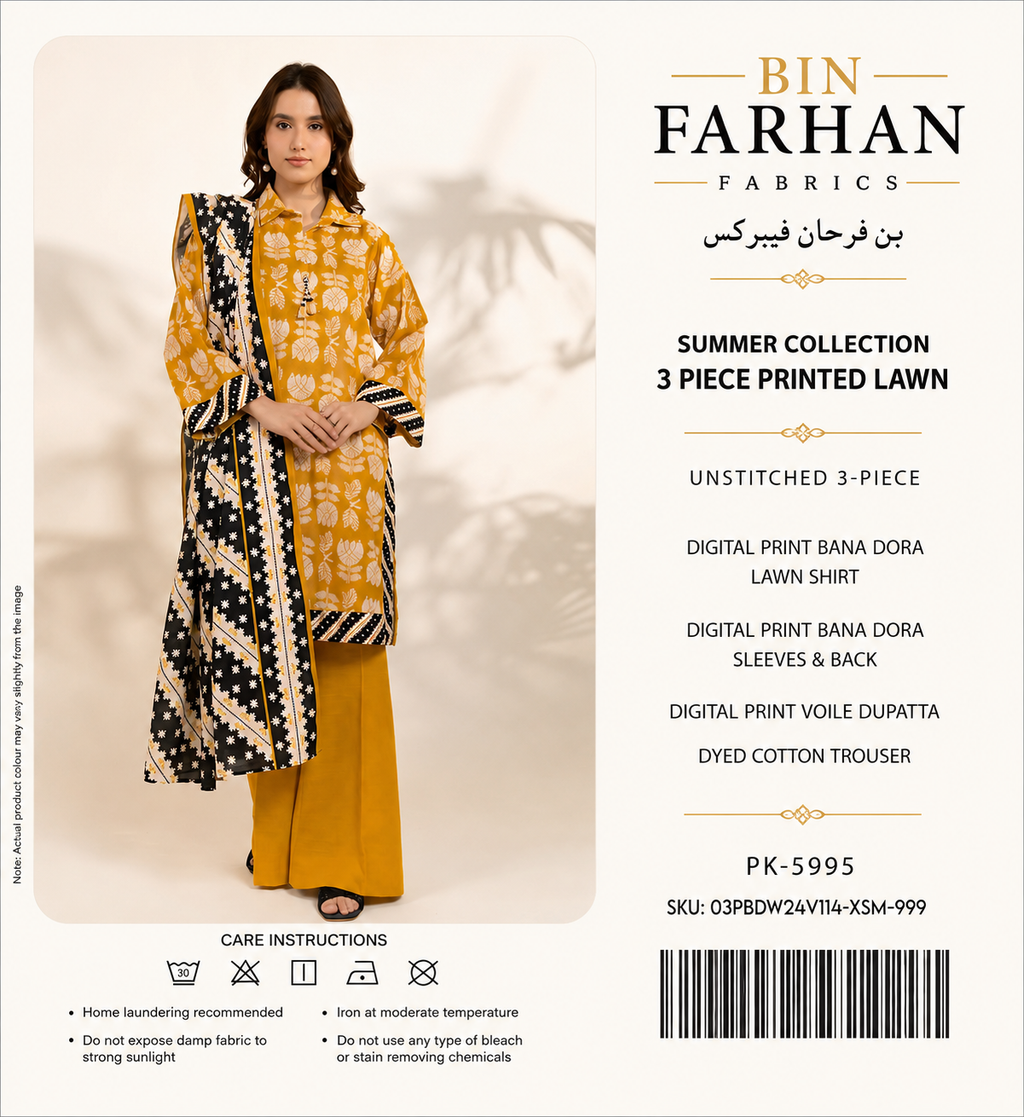 Bin Farhan Fabrics Summer Collection - Mustard Yellow 3 Piece Printed Lawn model view