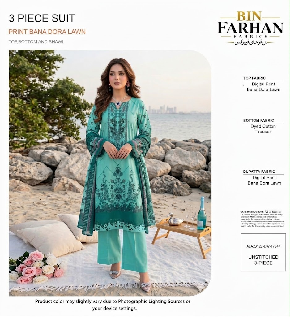 Bin Farhan Fabrics Summer Collection - Teal 3 Piece Print Bana Dora Lawn model view