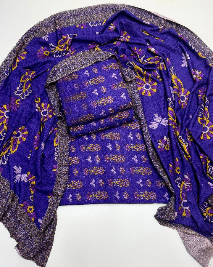 Purple Dhanak printed 3-piece suit fabric set