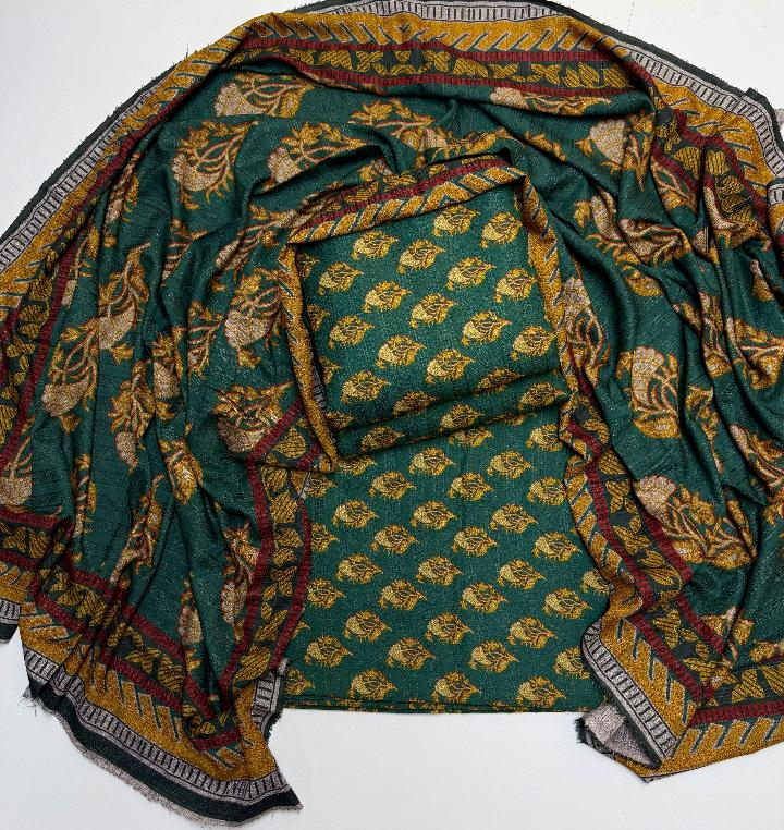 Teal Dhanak printed 3 piece suit fabric with shirt trouser and dupatta