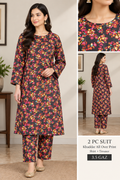 Printed Khaddar 2 piece all-over floral suit, front and back view