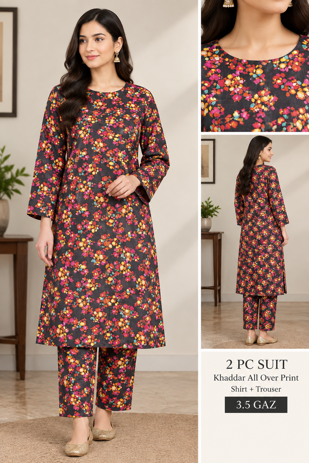 Printed Khaddar 2 piece all-over floral suit, front and back view