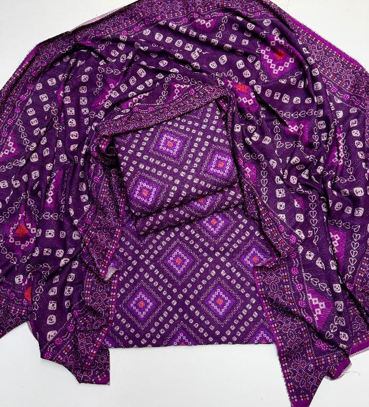 Purple Dhanak geometric printed 3 piece suit fabric with shirt trouser and dupatta