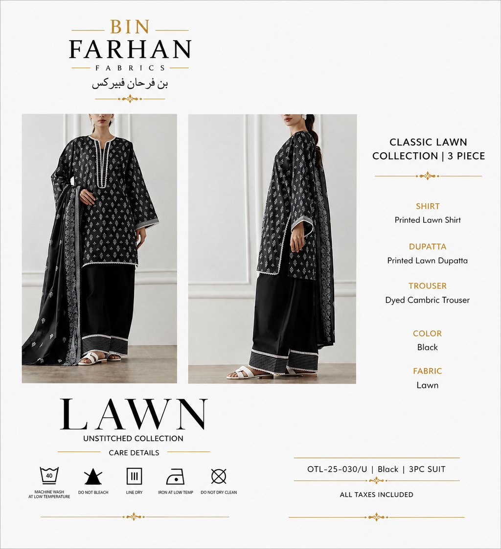 Bin Farhan Fabrics Classic Lawn Collection - Black 3 Piece Printed Suit model view