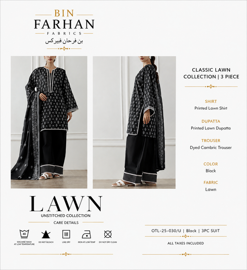 Bin Farhan Fabrics Classic Lawn Collection - Black 3 Piece Printed Suit model view
