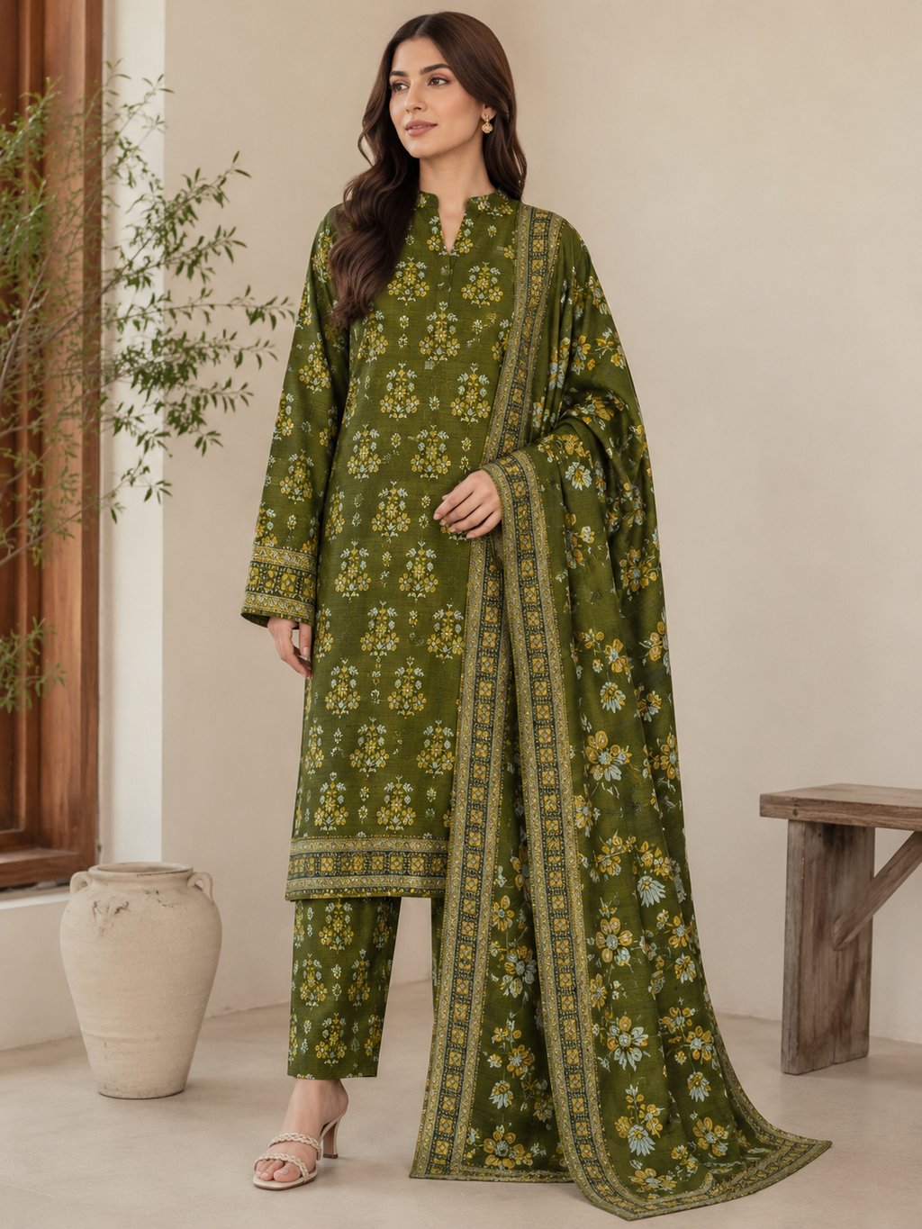 Olive green floral Dhanak allover 3 piece suit with shirt trouser and dupatta