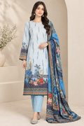 Sky blue floral printed linen 3 piece unstitched suit on model